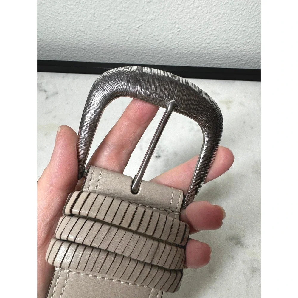 Chicos Wide Belt Womens L Taupe Gray Leather Silvertone Buckle Chic Classic Boho